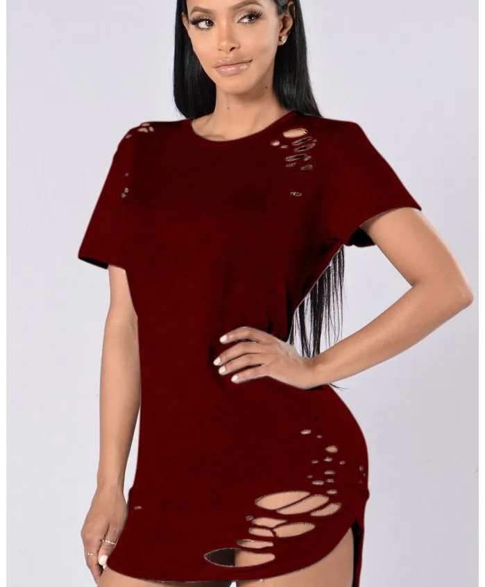 

WEPBEL Women's Sexy Solid Color Hole Slim-Fit T-shirt Summer Casual Short Sleeved with O-Neck Irregular Long T-shirt