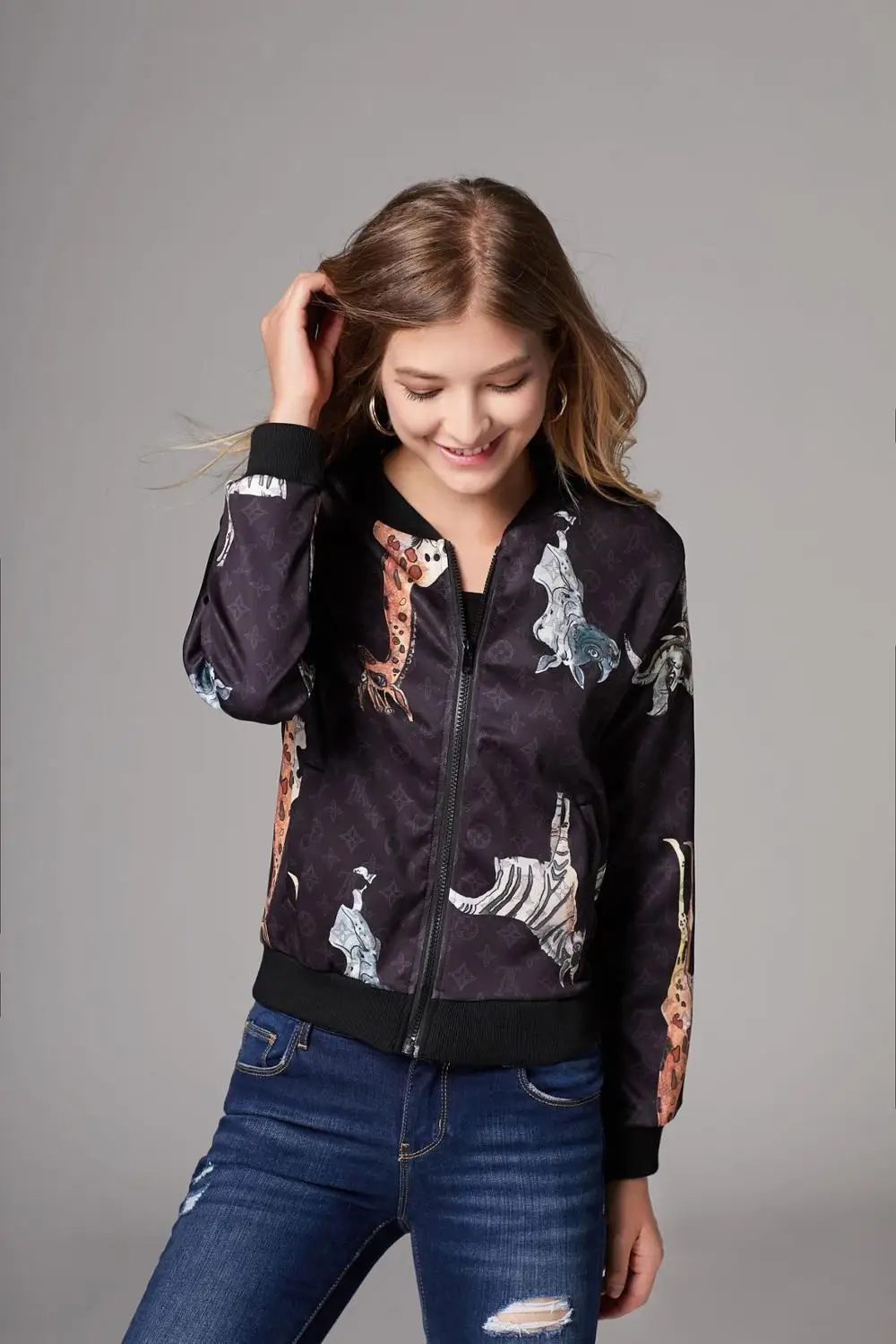 Женская куртка с длинным рукавом повседневная принтом Осень-зима 2019 | одежда