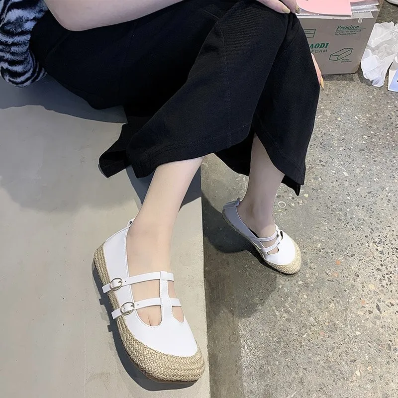 Sports White Women's Shoes College Style Black Leather Shoes with Buckle Mary Jane Shallow Shoes