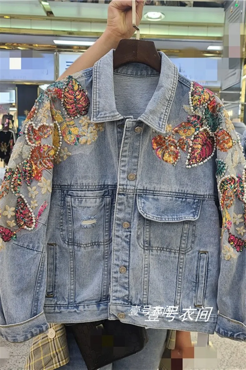 

Veste Femme 2021 Spring New Rhinestone Beaded Color Sequins Loose-Fitting Short Denim Jacket Top for Women Jean Coat Blue