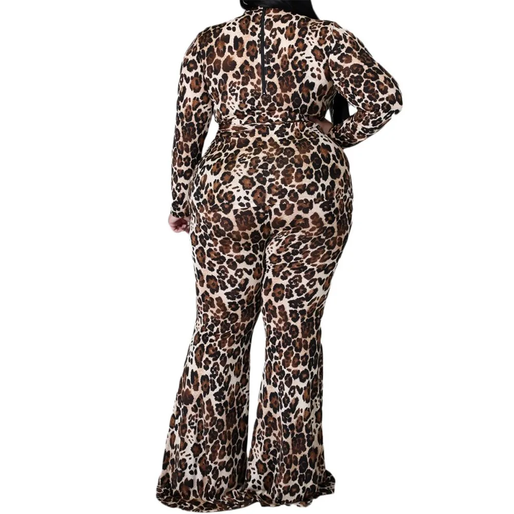 

Zoctuo Jumpsuits For Women Plus Size Leopard Printing Flared Jumpsuits Autumn Winter Long Sleeve Female Casual Lace-Up Rompers