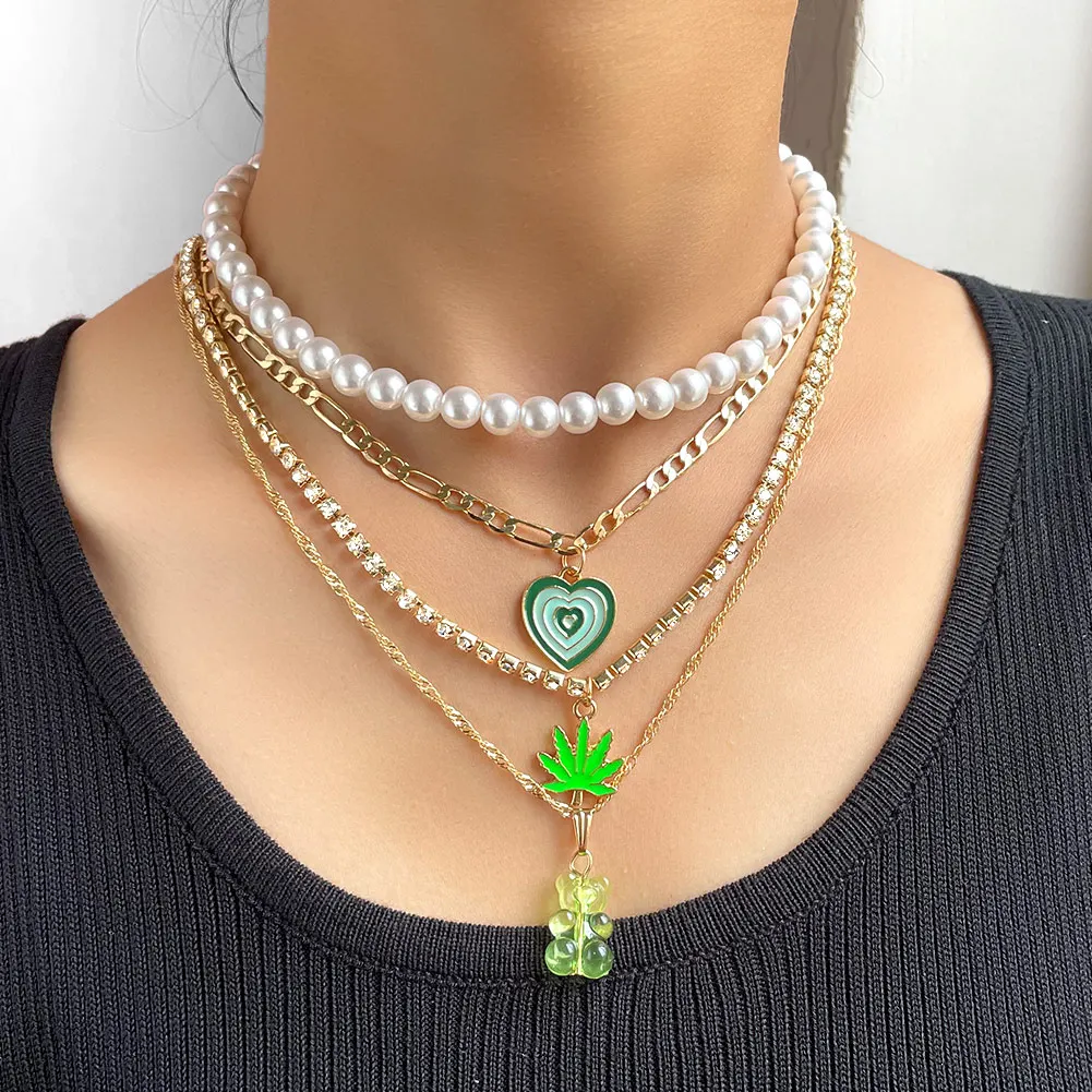 

JUST FEEL Multi-layer Pearl Choker Heart Enamel Pendant Necklace for Women Cute Gummy Bear Crystal Necklace Fashion Jewelry Gift