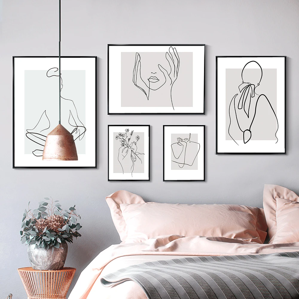 

Nordic Minimalist Abstract Lady Line Drawing Flower Canvas Picture Wall Art Figure Body Hand Print Posters Home Decor Painting