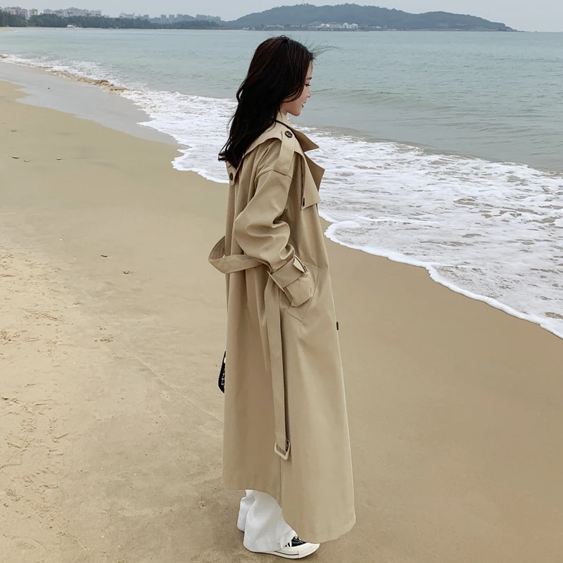 

Fashion Pop Loose Oversize Long Trench Coat Women Double-Breasted with Belt Khaki Duster Coat for Lady Spring Autumn Outerwear