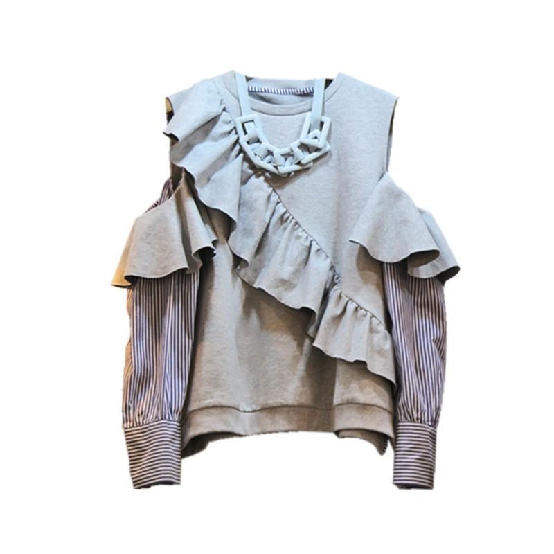 

Spring and Autumn 2020 women's long sleeve hoodicoat with stripes off shoulder floured loose patchwork round collar blouse