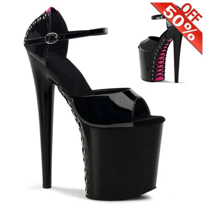 20cm High Heels beautiful black sexy thick fish mouth trend paint sandals club Dance Shoes 8 inches Super Big Size Nightclub New