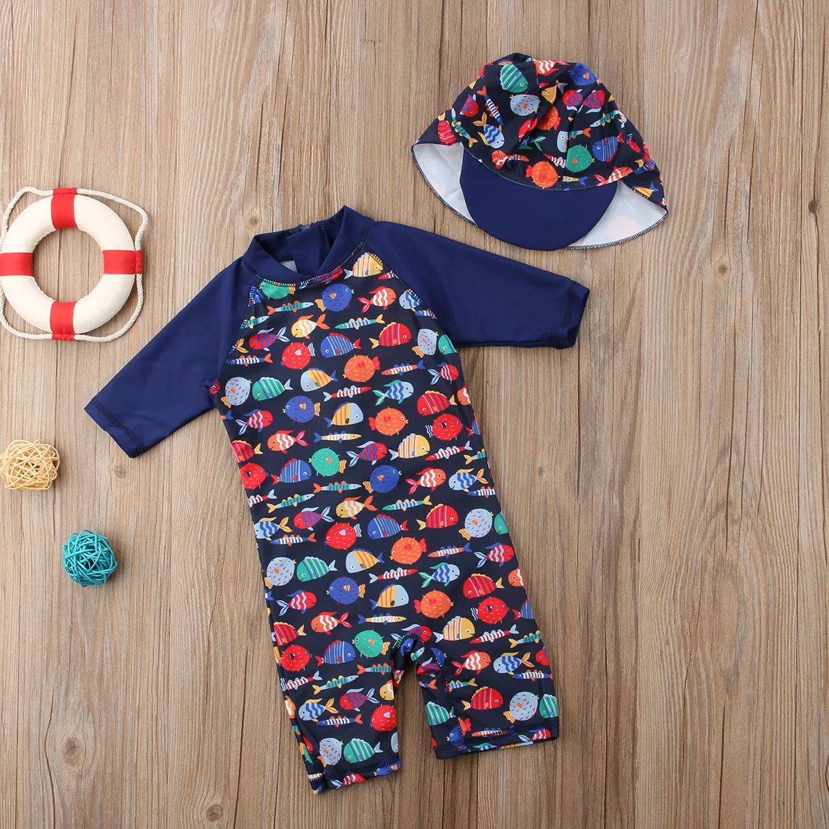 2019 Kids Baby Boy Swimsuit Swimwear Half Sleeve Cartoon Fish Print Bathing Suit Beach Rash Guard Surfing |