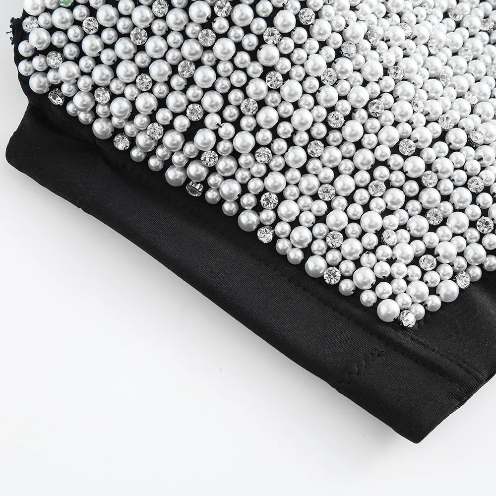 Atoshare High-quality Pearl Rhinestone Cropped Top Women Festival Black Top for Party Wedding