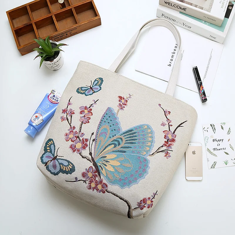 

Canvas Amorous Feelings Handbags Coarse Hemp Rope Coarse-grain Double-sided Embroidered Butterfly Pattern All-match Shoulder Bag