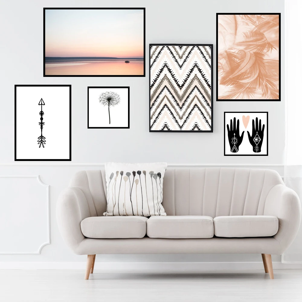 

Богемное художественное полотно с перьями, одуванчиками, комплект, Постер С закатом и настенные картины для гостиной, дома, декор для стен в ...