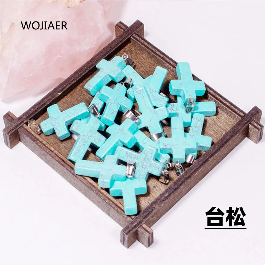 

WOJIAER Stylish Natural Turquoises Gem Stone Cross Pendant Pendulum Stone 25x18x6mm Energy Handmade Jewelry 1PCS ZM0506
