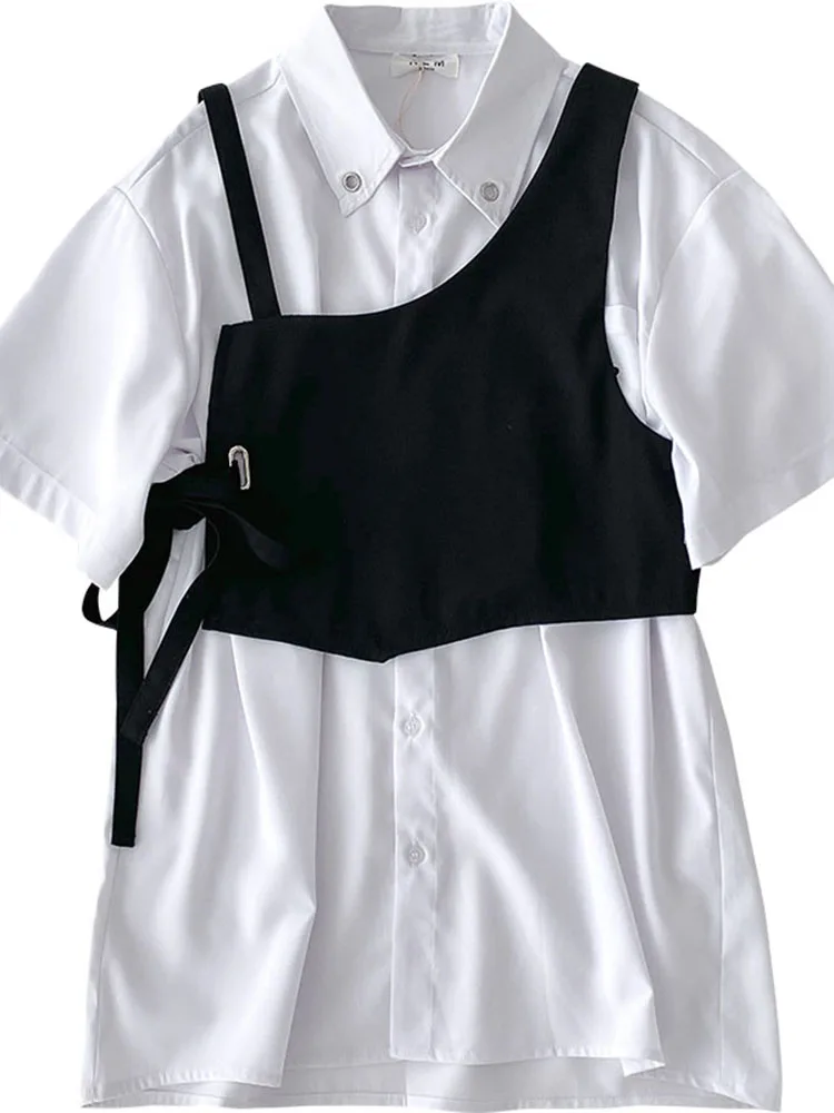 

Yeeloca Fashion Sweet Girl Dress Suits Summer 2021 New Korean Women's White Short Sleeve Dress + Black Vest Two Piece Sets