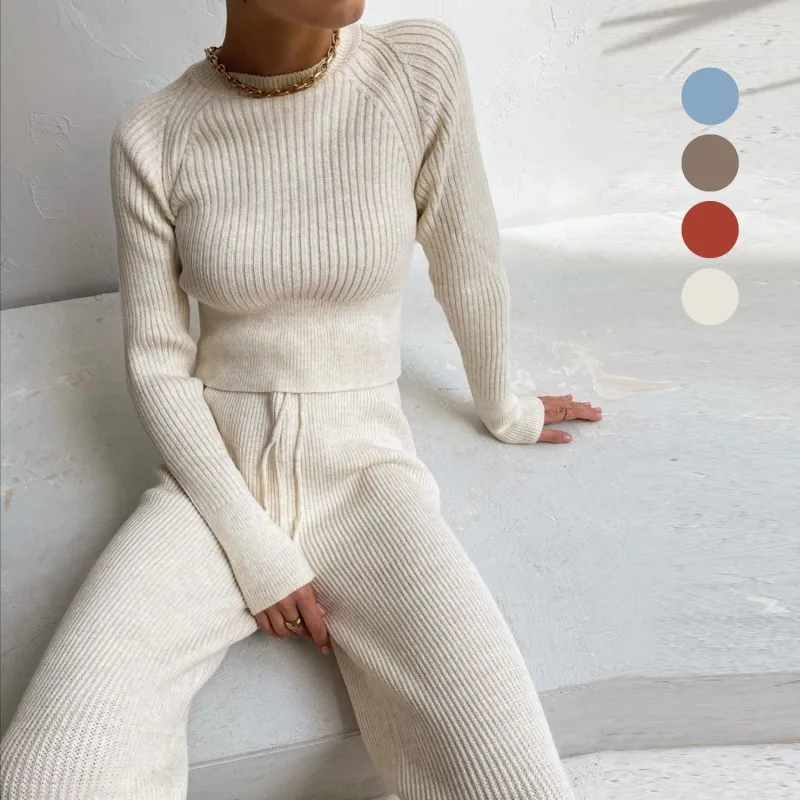 

2021 Women's Knitted Sweater Solid Round Neck Long Sleeve Outfits Y2K Casual Striped Suit Warm Two Piece Sets Pants Tracksuit