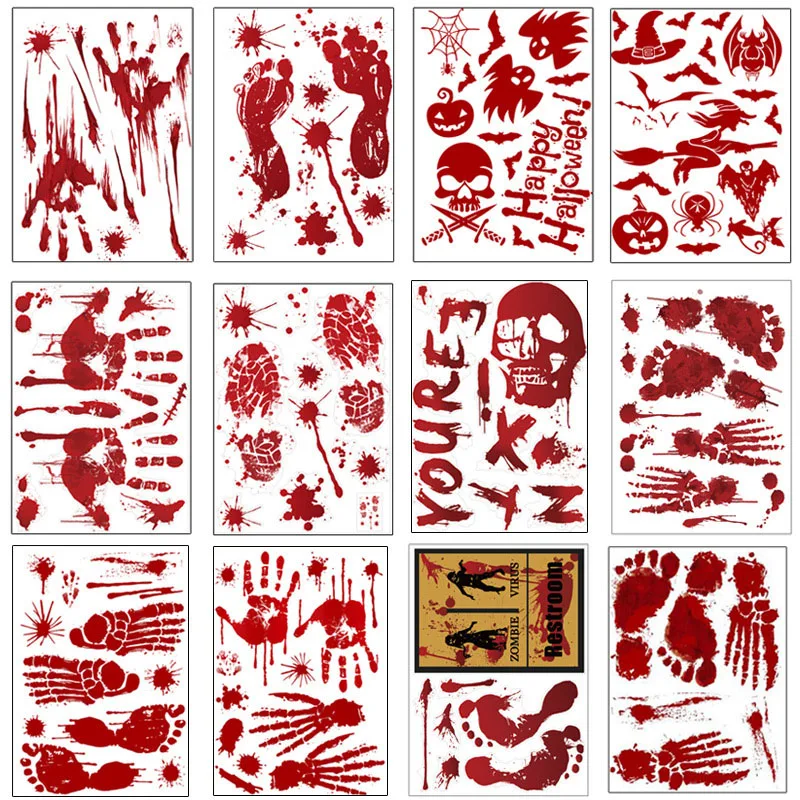 Horror Blood Handprint Footprint Fingerprint Halloween Sticker Wall Window Floor Decor Haunted House |