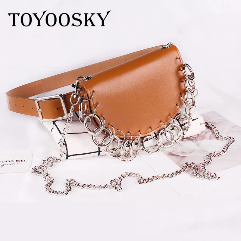 

Fashion Street Punk Style Circle Decorated Women Waist Belt Bag Fashion Saddle Chain Bags Female Phone Leather Chest Packss