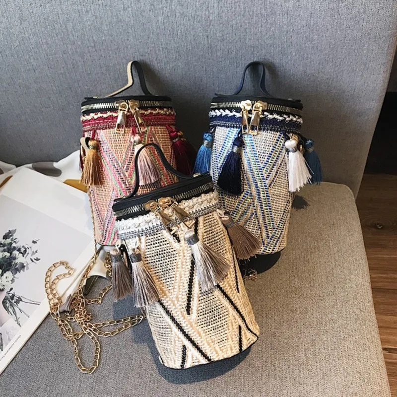 

Women Bags Luxury Handbags women bags designer Straw Bags Round Tote Hand Metal Ring Tassel Chain Travel Women Shoulder Bag