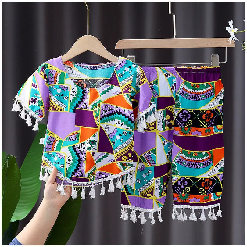 

Summer Sleepwear Sets For Girls Kids Pajamas Short Sleeve Baby Children Pijama Set Homewear Nationality Lounge Wear T-shits