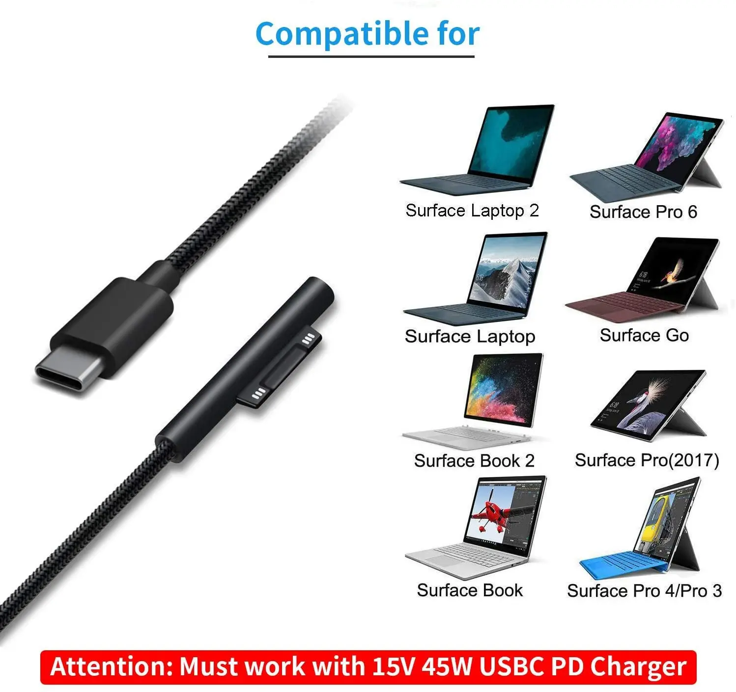 2m usb type c power supply charger adapter 15v 3a pd fast charging cable for mic surface pro 3 4 5 6 go laptop 2 surface book free global shipping