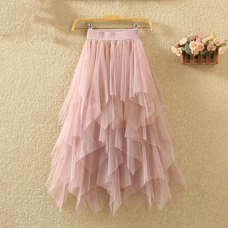 Women Irregular Tulle Skirts Fashion Elastic High Waist Mesh Tutu Skirt Pleated Long Skirts Midi Skirt Saias Faldas Jupe Femmle