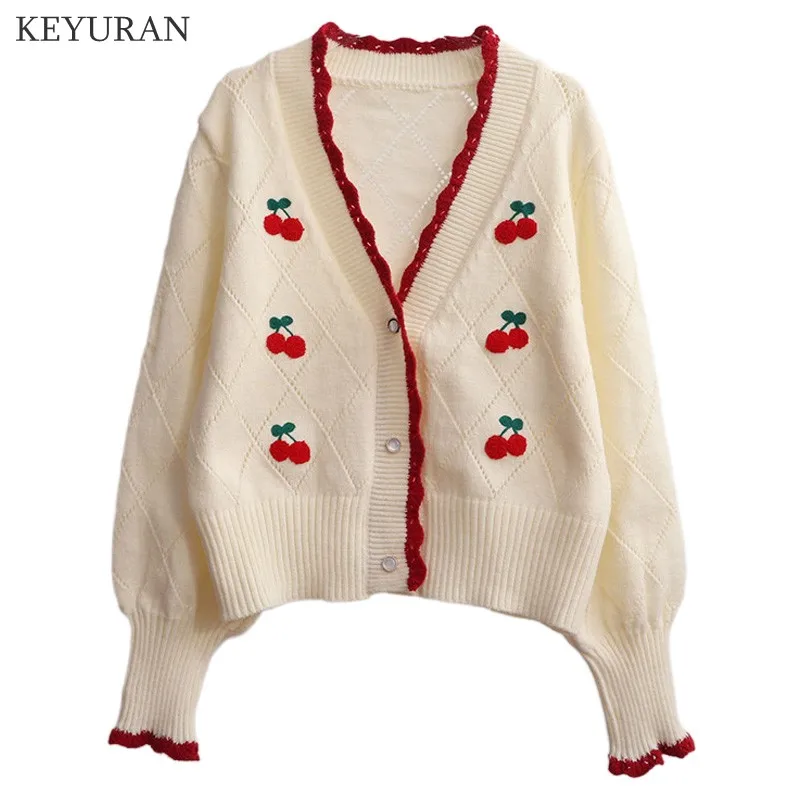

Cherry Embroidery Cardigans Women Short Knitted Pullover Sweaters 2021 Autumn Korean Long Sleeve V-neck Sweet Girly Crop Top