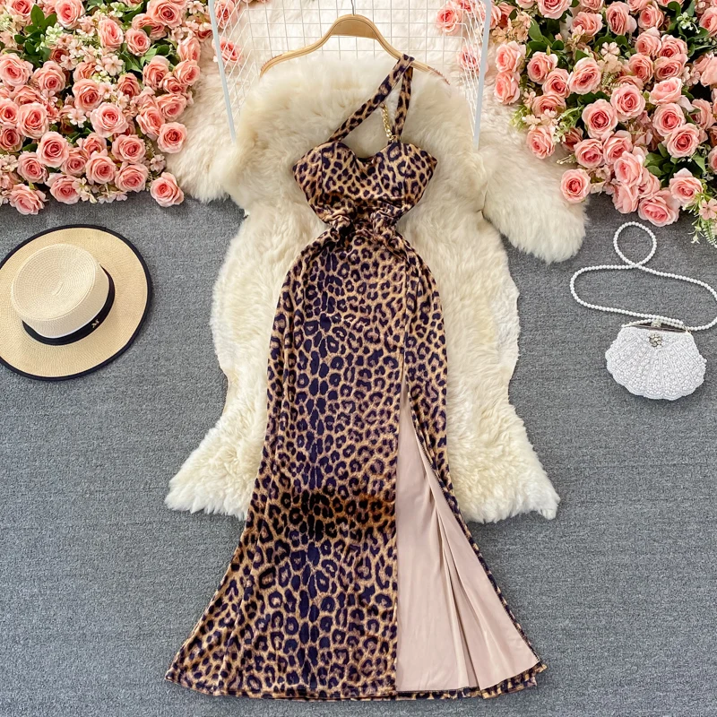 

Autumn Sexy Leopard Party Dress Women Halter Spaghetti Strap Midi Robe Elegant Open Back High Waist Split Vestidos 2021 Fashion