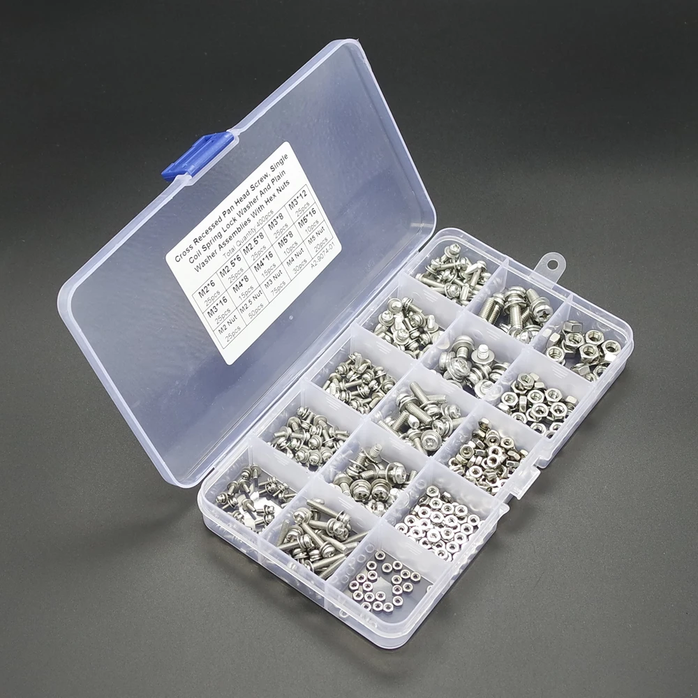 

400pcs M2 M2.5 M3 M4 M5 Phillips Pan Head Screws Nuts w/ Washers