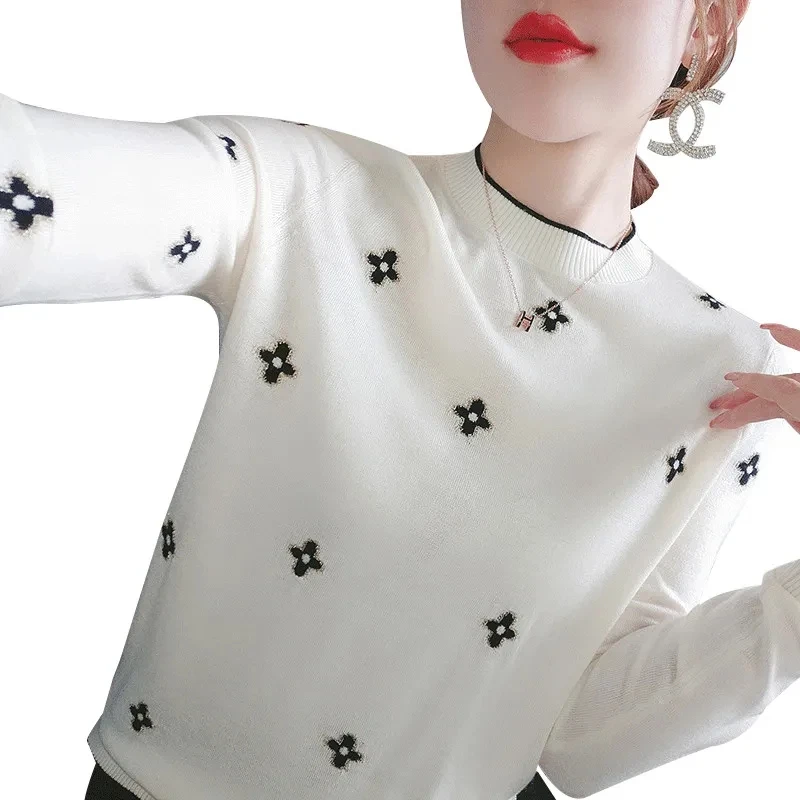 

2021 Spring and Autumn Light Luxury ~ Women's Knitted Sweater Long Sleeve Heavy Industry Flower Embroidered Fresh Top