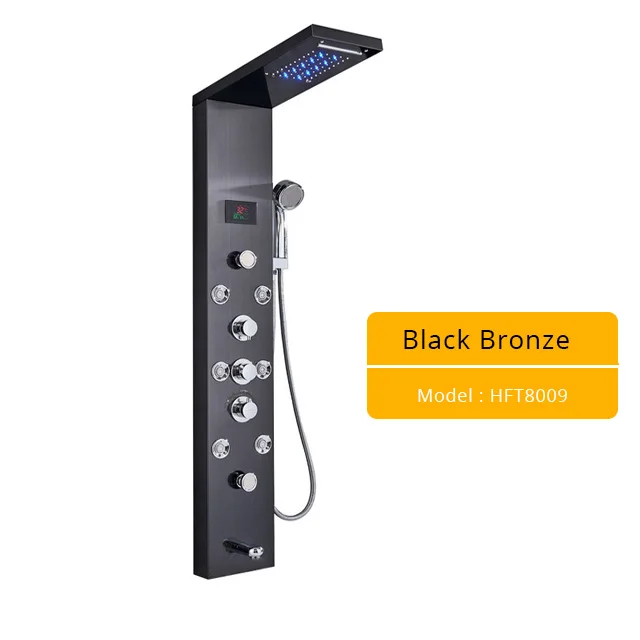 Black Bronze 8009A Роскошный светодиодный смеситель для душа, матовый никель, спа Массажная струйная душевая панельная башня, кран с цифровым температурным экраном для ванной комнаты - Цвет: Black Bronze 8009A