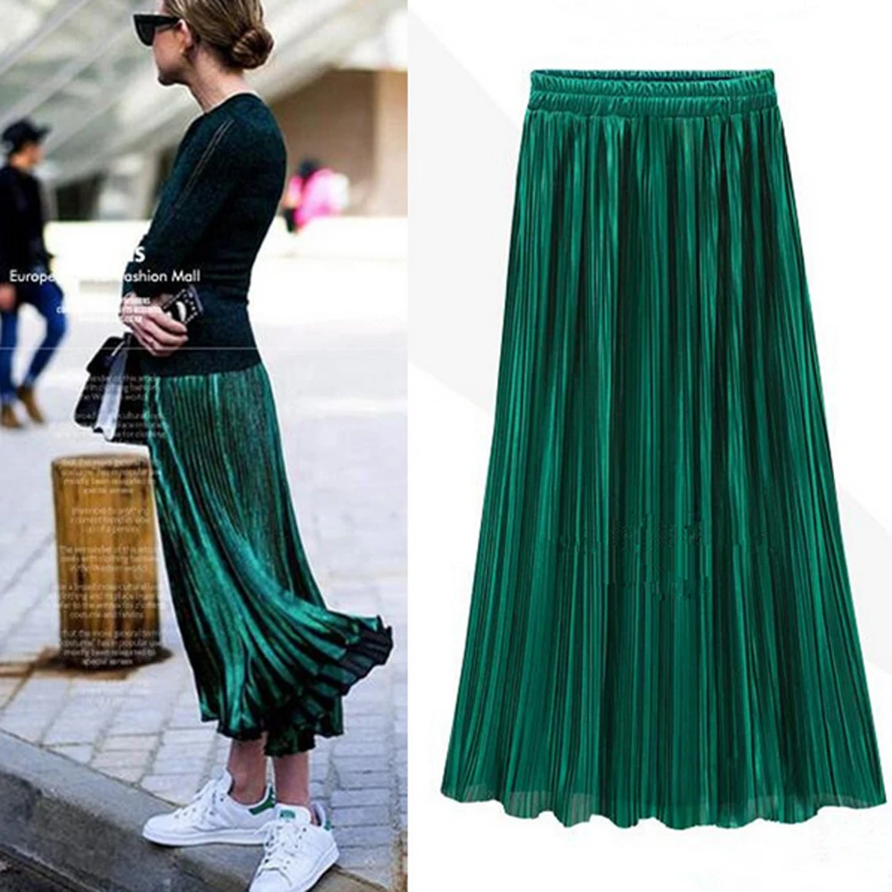 

Women 2020 Summer Metallic Luster Stretch High Waist Plain Skater Flared Pleated Long Skirt Gold Sequined Skirts