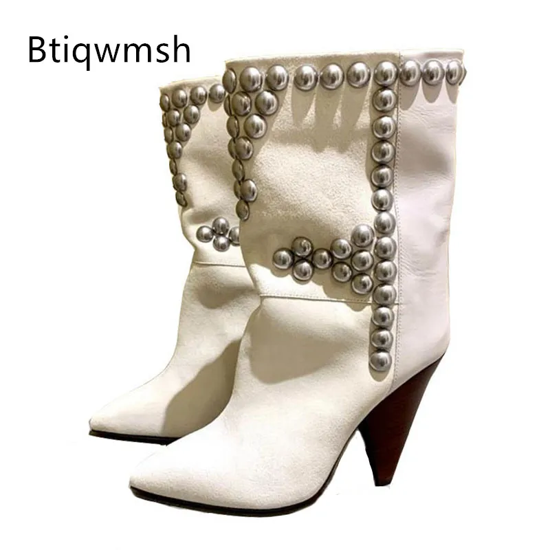 

2020 White Real Suede Ankle Boots Women Pointed Toe Rivet Studded 10CM 8cm Spiked High Heels Botas Femme Western Cowboy Boots