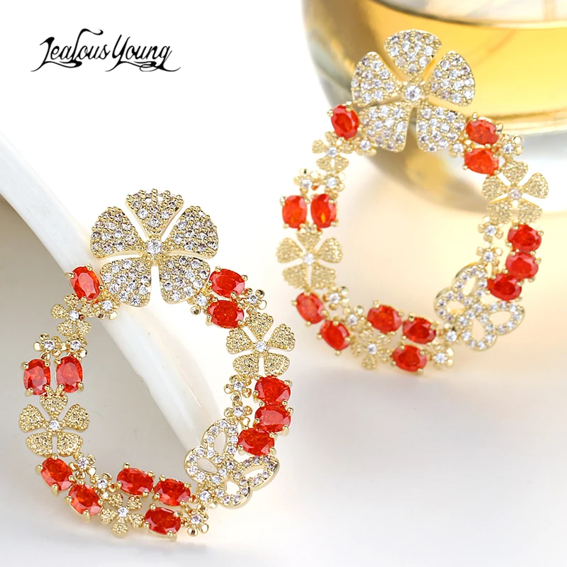 

New Luxury Folwer Zirconia Big Stud Earrings for Women Gold Color Fashion Round Studs Earings Party Jewelry Gift Accessories