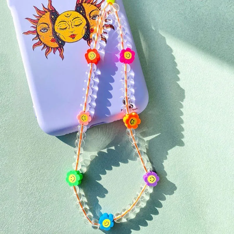 

Clear Transparent Beads Sunflower Smily Colorful Mobile Phone Chain CellPhone Strap Lanyard Letter For Women Jewelry 2021 New