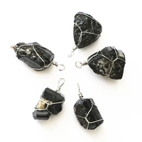 wound natural black tourmaline irregular shape stone pendant reiki chakra healing energy primitive stone pendant jewelry