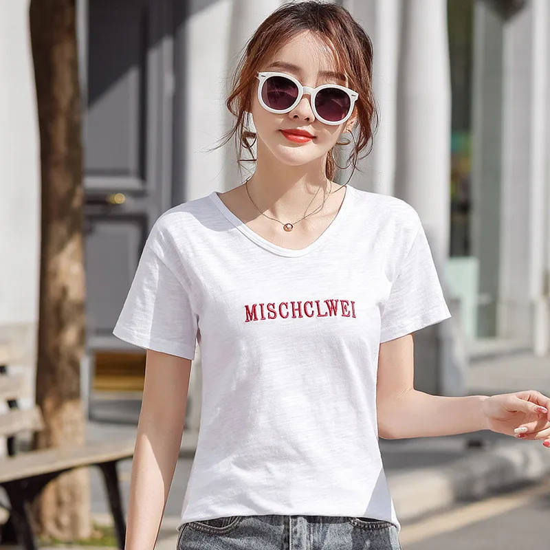 

2021 summer new product short-sleeved Korean style trendy T women's pullover embroidery slub cotton loose bottoming shirt N164