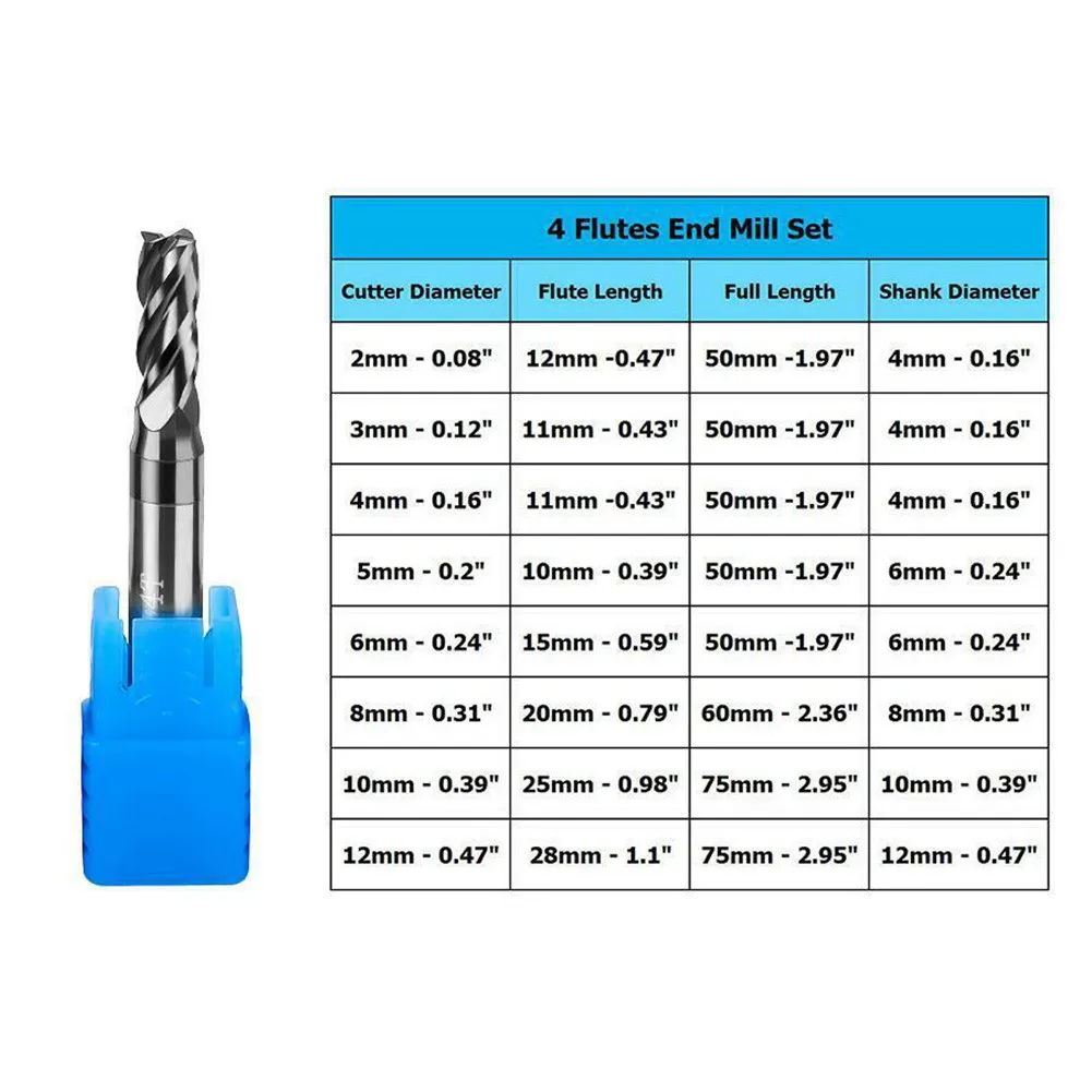 

8pcs 4Flutes Tungsten Carbide End Mill Set Milling Cutter Tool 2mm-12mm HRC50 Router Bit Woodworking Tool Wood Milling Trimming
