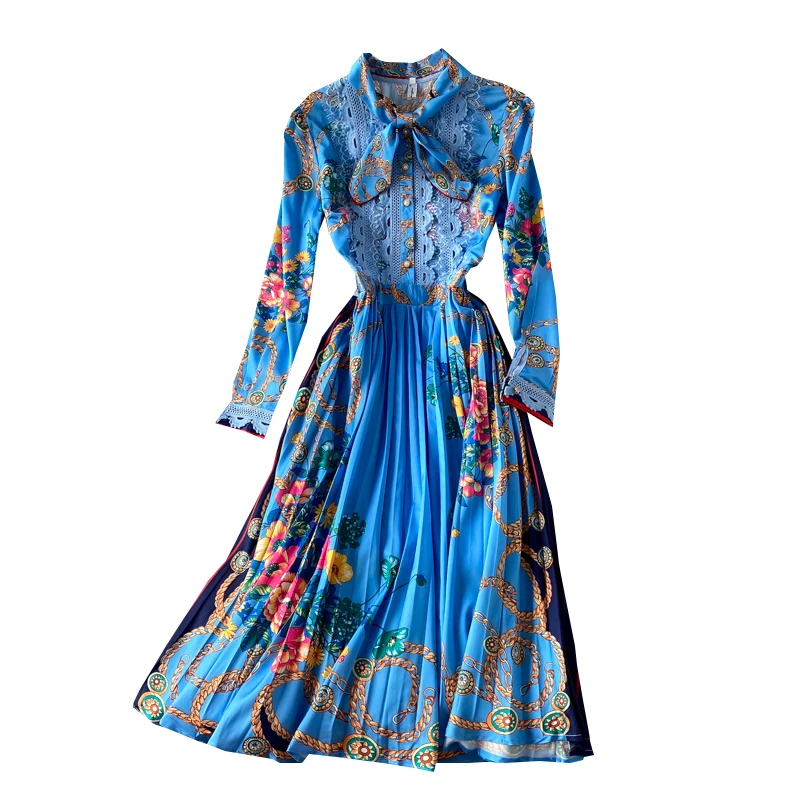 

2021 Spring Temperament Bow Print Pleated Dress Elegant Women's Cloth Large Swing Fashion Floral Print Dresses Vestidos