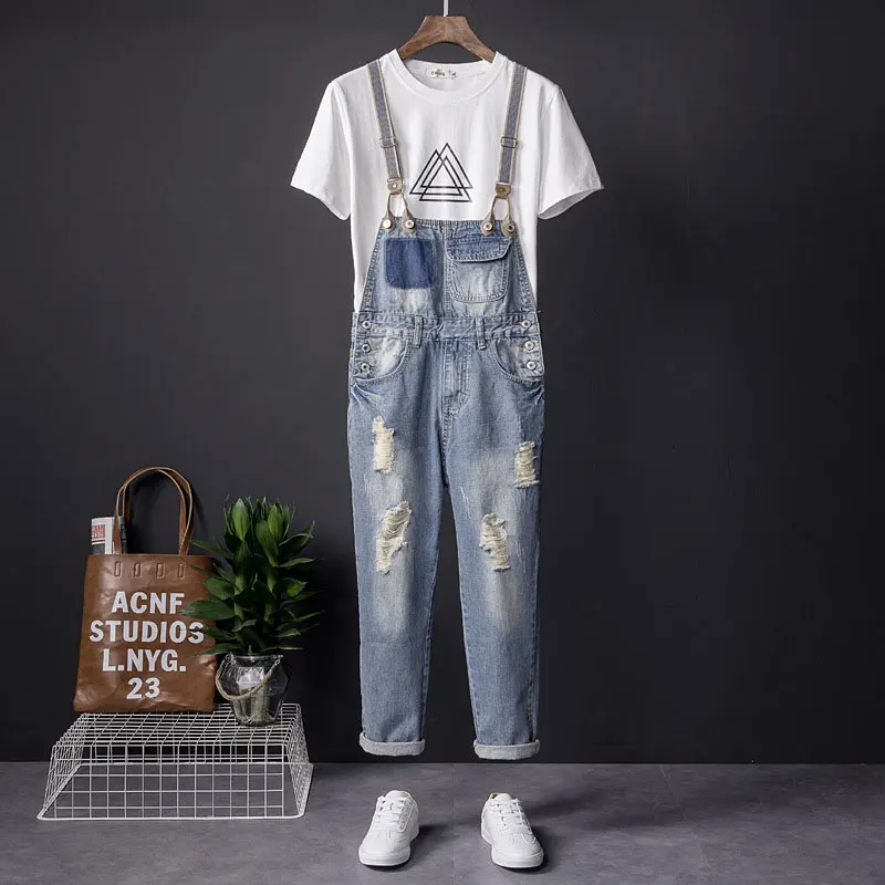 Men Ripped Jeans Bib Overalls Ankle Length Light Blue Streetwear Hip Hop Hole Denim Jumpsuits Trousers Leisure Freight Pants