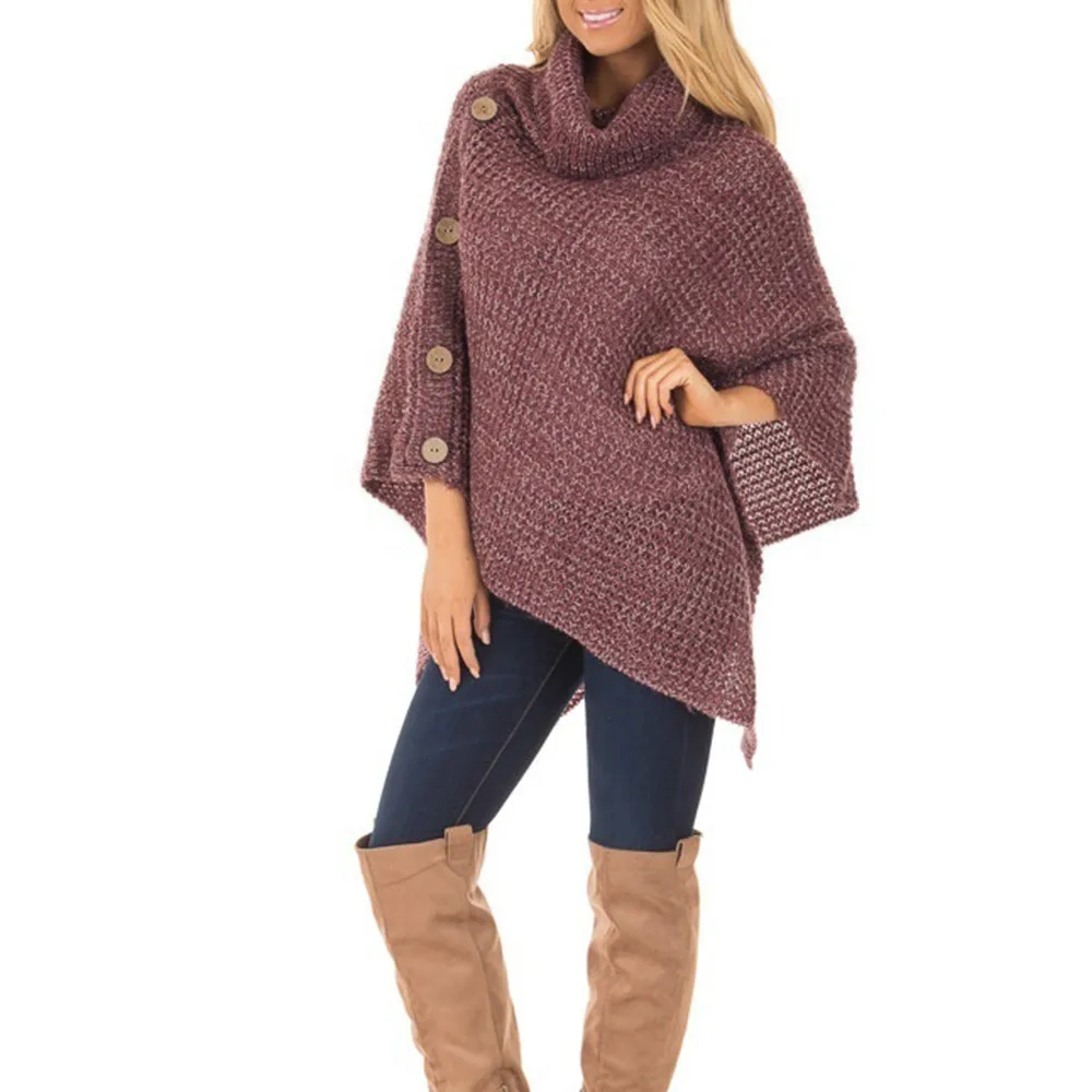 Модное женское Трикотажное пончо с воротником черепахи и пуговицами