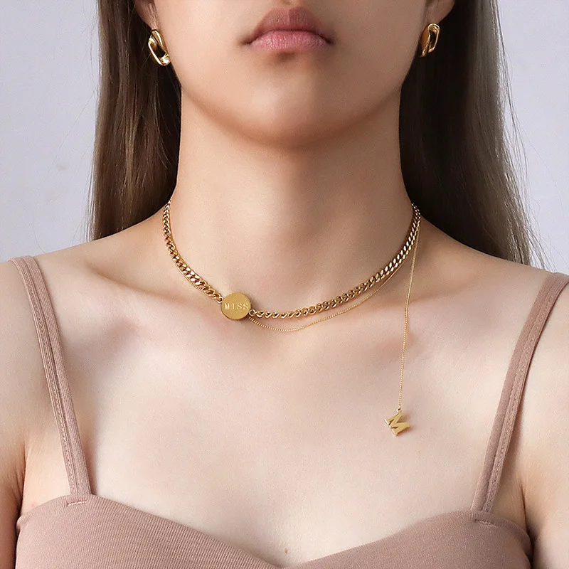 

New Female Collarbone Chain Jewelry Multi-Layer Stacked Wearing Letter Tag Pendant Tassel Golden Necklace Medical Titanium Steel