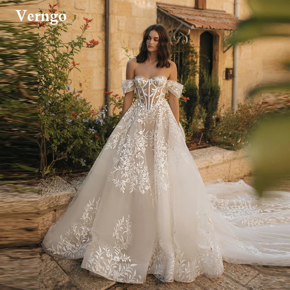 

Verngo Luxury A Line Lace Applique Tulle Wedding Dresses 2022 Off the Shoulder Sweetheart Bones Chape Train Long Bridal Gowns