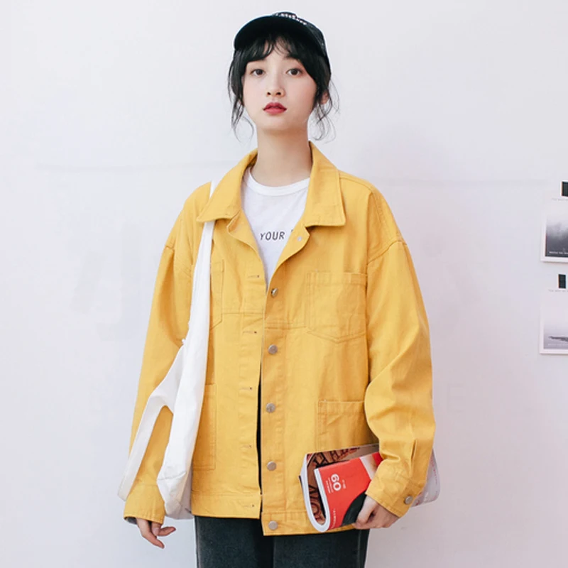 Модная Желтая Женская джинсовая куртка в студенческом стиле новая модель 2019 года