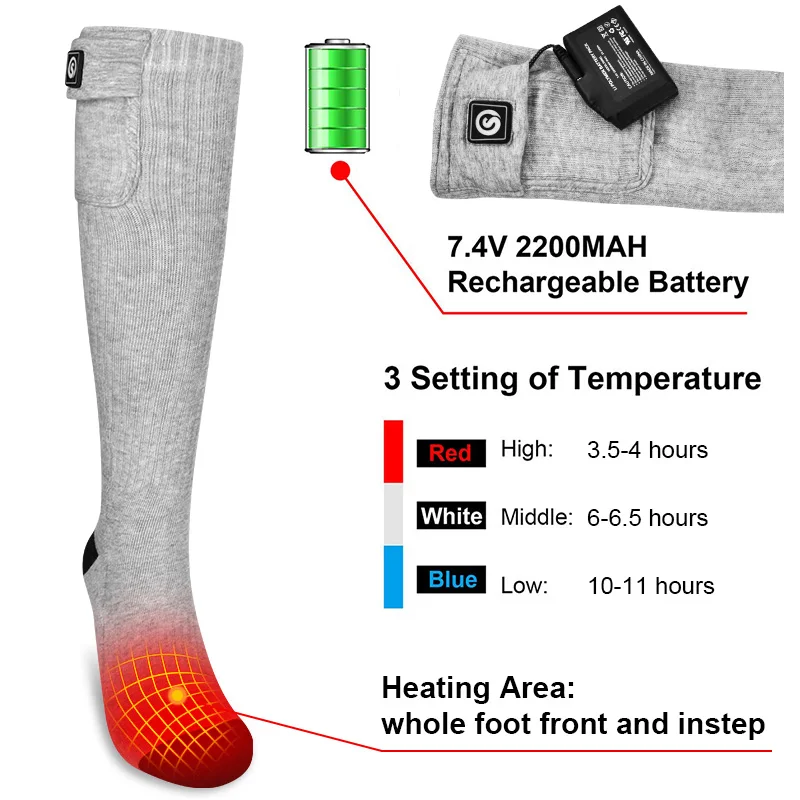 Savior Heat Rechargeable Battery Heated Socks 7.4V 2200mAh Cotton Soft Electric Heated Sock 3 Levels Heating Thermal Socks