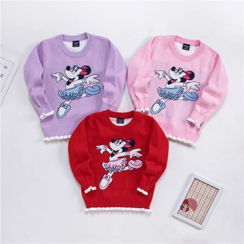 Осенняя одежда для маленьких девочек вязаный свитер с вышивкой Минни Маус танцев