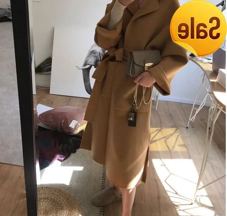 

Женское двустороннее кашемировое шерстяное пальто ручной работы из 100%-ной шерсти, корейское утепленное пальто средней длины на осень и зим...