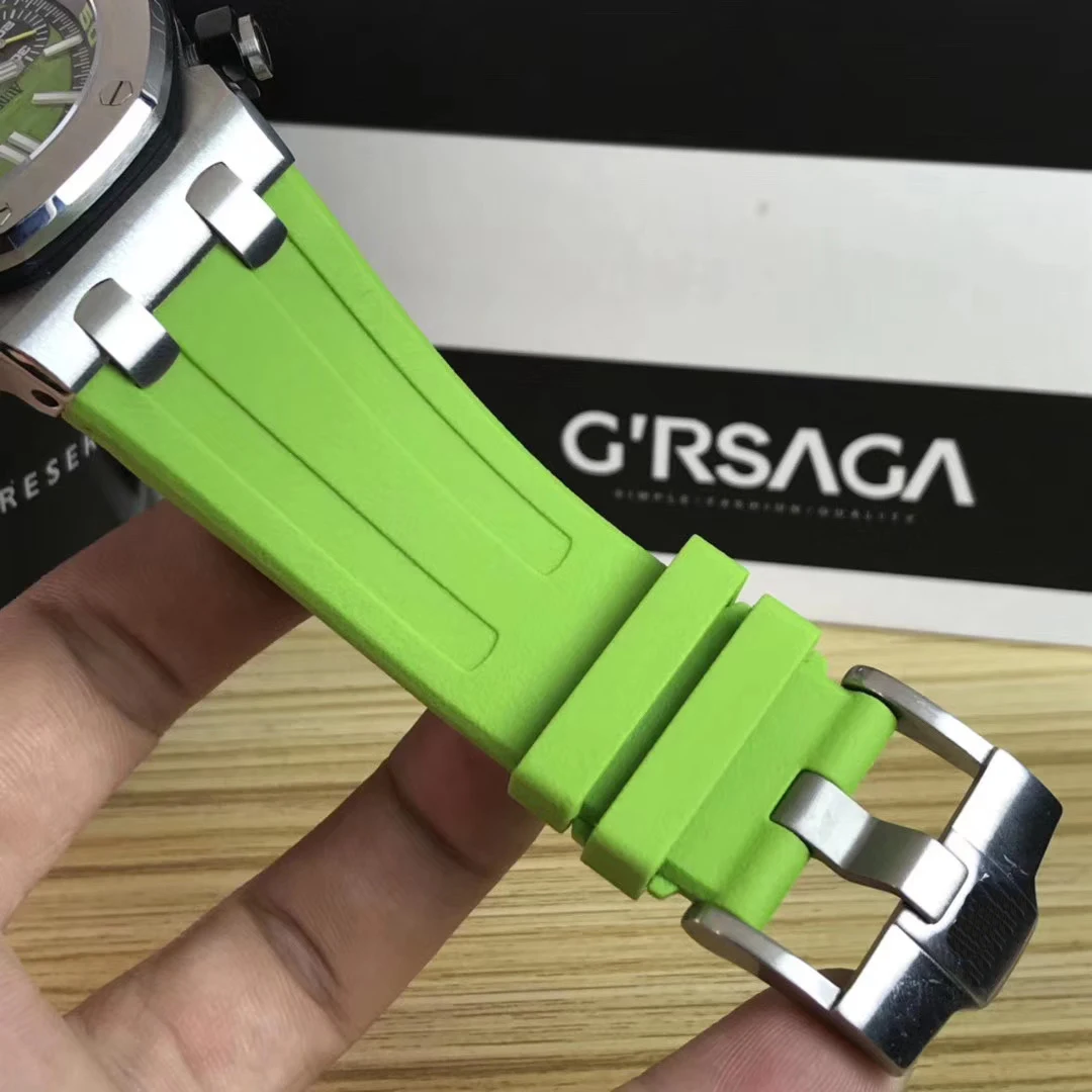 

Classic New Men Automatic Mechanical Sapphire Glass Back See Through Silver Green Rubber Stainless Steel Watch AAA+