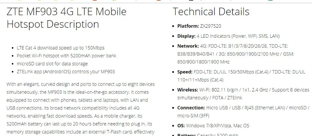 Разблокированный Карманный Wi-Fi роутер ZTE MF903 4G LTE с внешним аккумулятором 5200 мАч и