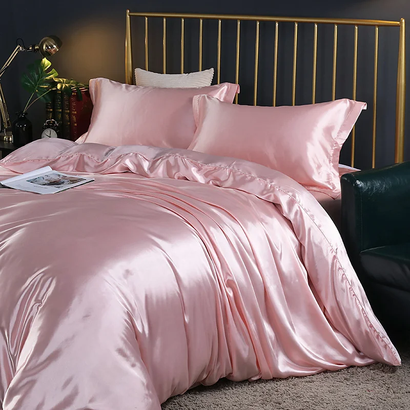 Juego de cama de lujo de seda Mulberry, S&aacute;bana bajera de alta gama, juegos de cama de sat&eacute;n de seda de 100%, suave y liso, colchas de Color s&oacute;lido-1