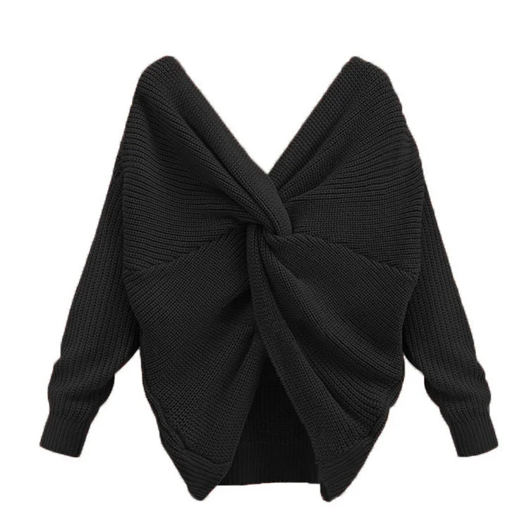 

EFINNY Women V-Neck Twisted Back Sweaters Colorful Female Autumn Winter Jumpers Pullovers Long Sleeve Knitted Sweater Tops