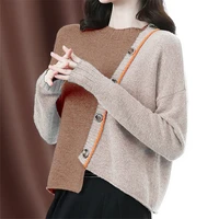 sweater female spring autumn new stitching button round neck asymmetric pullover casual fashion knitted top womens clothing 051
