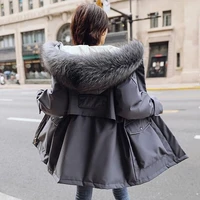 2021 new hooded winter jacket womens medium and long slim fur collar coat warm belt lace up snowsuit
